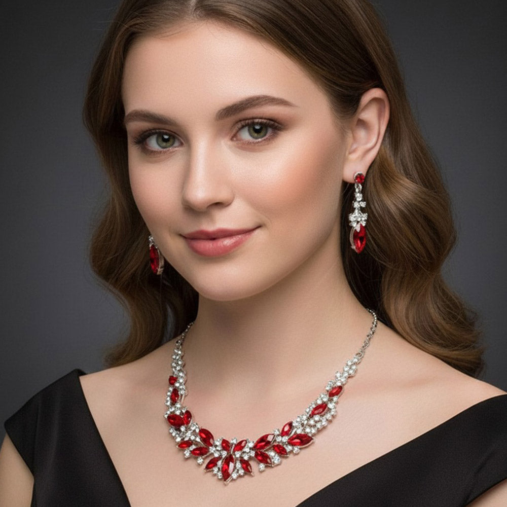 Madeline Love Clear, Red, Rhodium Marquise Stone Cluster Embellished Evening Necklace
