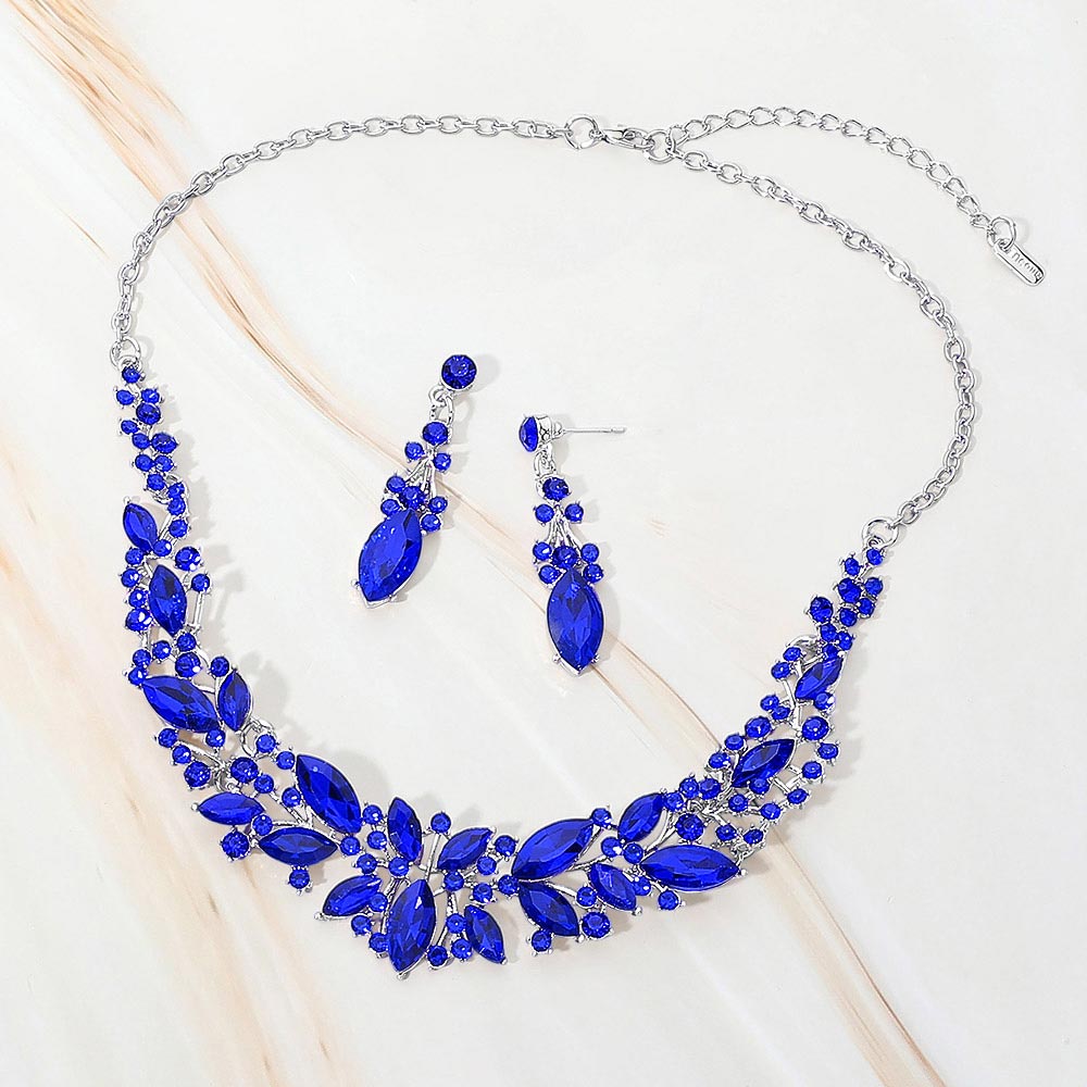 Madeline Love Rhodium, Sapphire Marquise Stone Cluster Embellished Evening Necklace