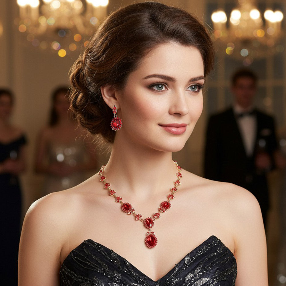 Madeline Love Gold, Red Oval Faceted Stone Accent Vintage Inspired Evening Necklace