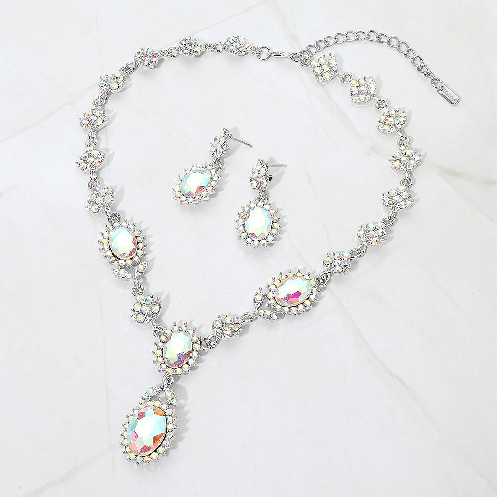 Madeline Love AB, Silver Oval Faceted Stone Accent Vintage Inspired Evening Necklace