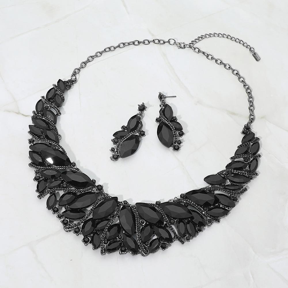 Madeline Love Black, Jet Black Marquise Stone Cluster Embellished Evening Necklace