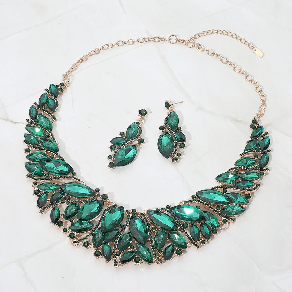 Madeline Love Gold, Green Marquise Stone Cluster Embellished Evening Necklace
