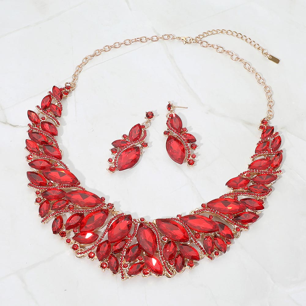 Madeline Love Gold, Red Marquise Stone Cluster Embellished Evening Necklace