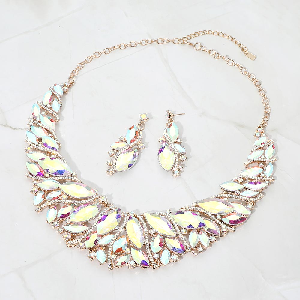 Madeline Love AB, Gold Marquise Stone Cluster Embellished Evening Necklace