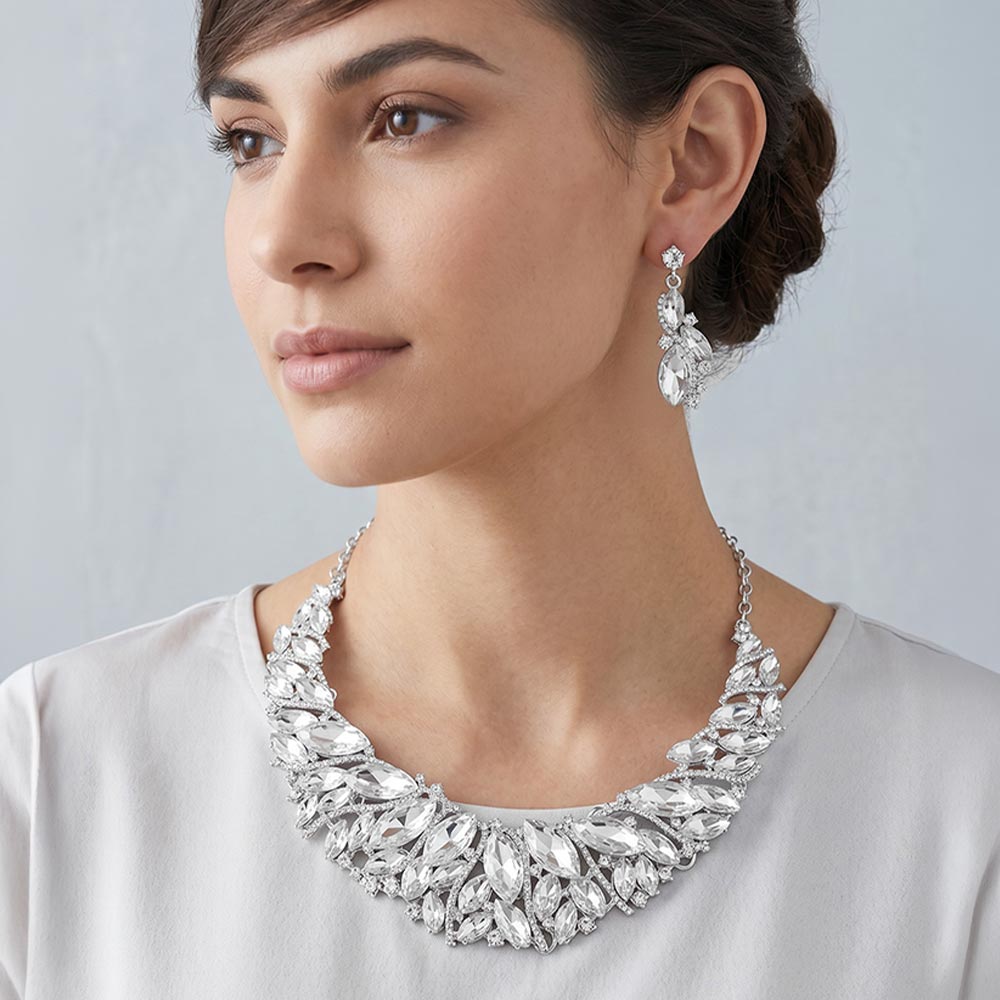 Madeline Love Clear, Silver Marquise Stone Cluster Embellished Evening Necklace