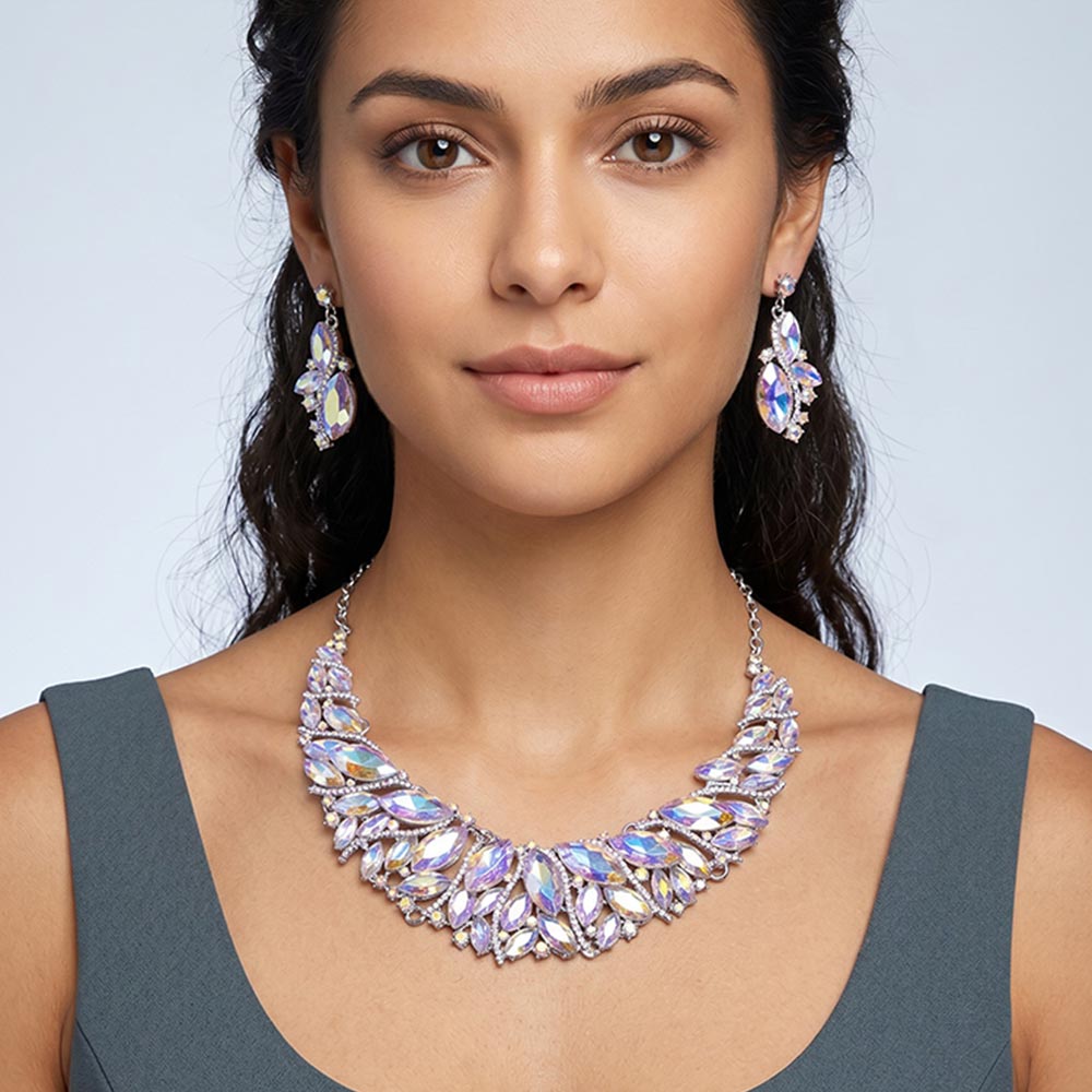 Madeline Love AB, Pink, Silver Marquise Stone Cluster Embellished Evening Necklace