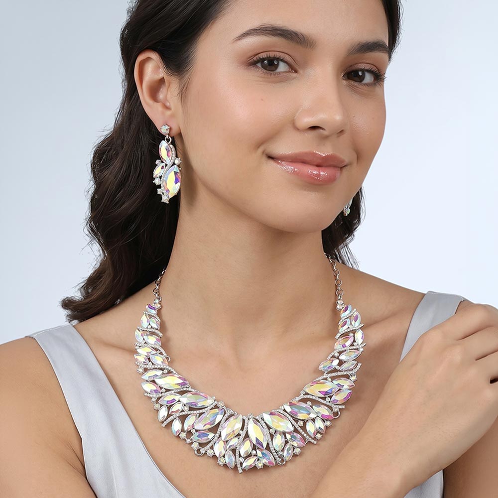 Madeline Love AB, Silver Marquise Stone Cluster Embellished Evening Necklace