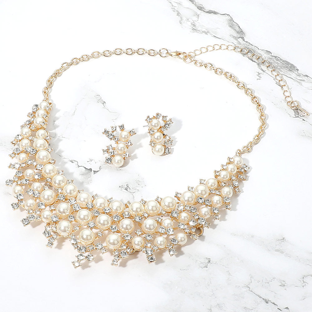 Madeline Love Cream, Gold Pearl Cluster Crystal Embellished Statement Evening Necklace