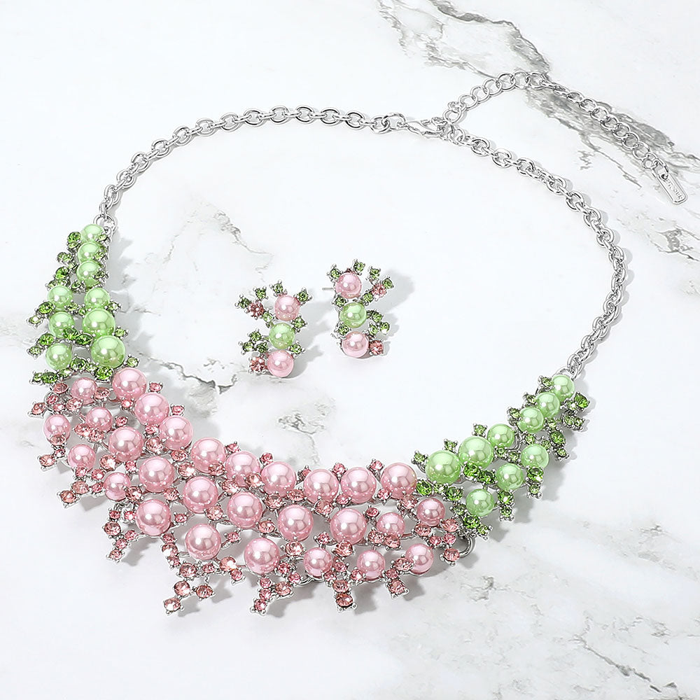Madeline Love Pink&Green, Silver Pearl Cluster Crystal Embellished Statement Evening Necklace