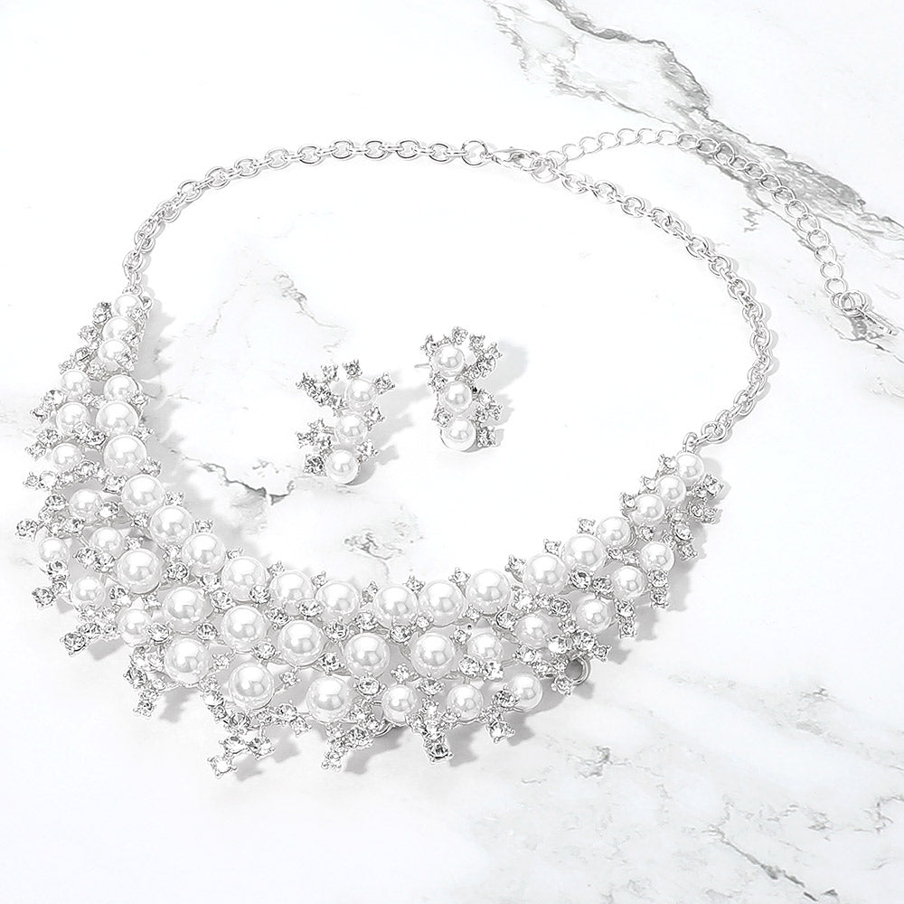 Madeline Love Silver, White Pearl Cluster Crystal Embellished Statement Evening Necklace