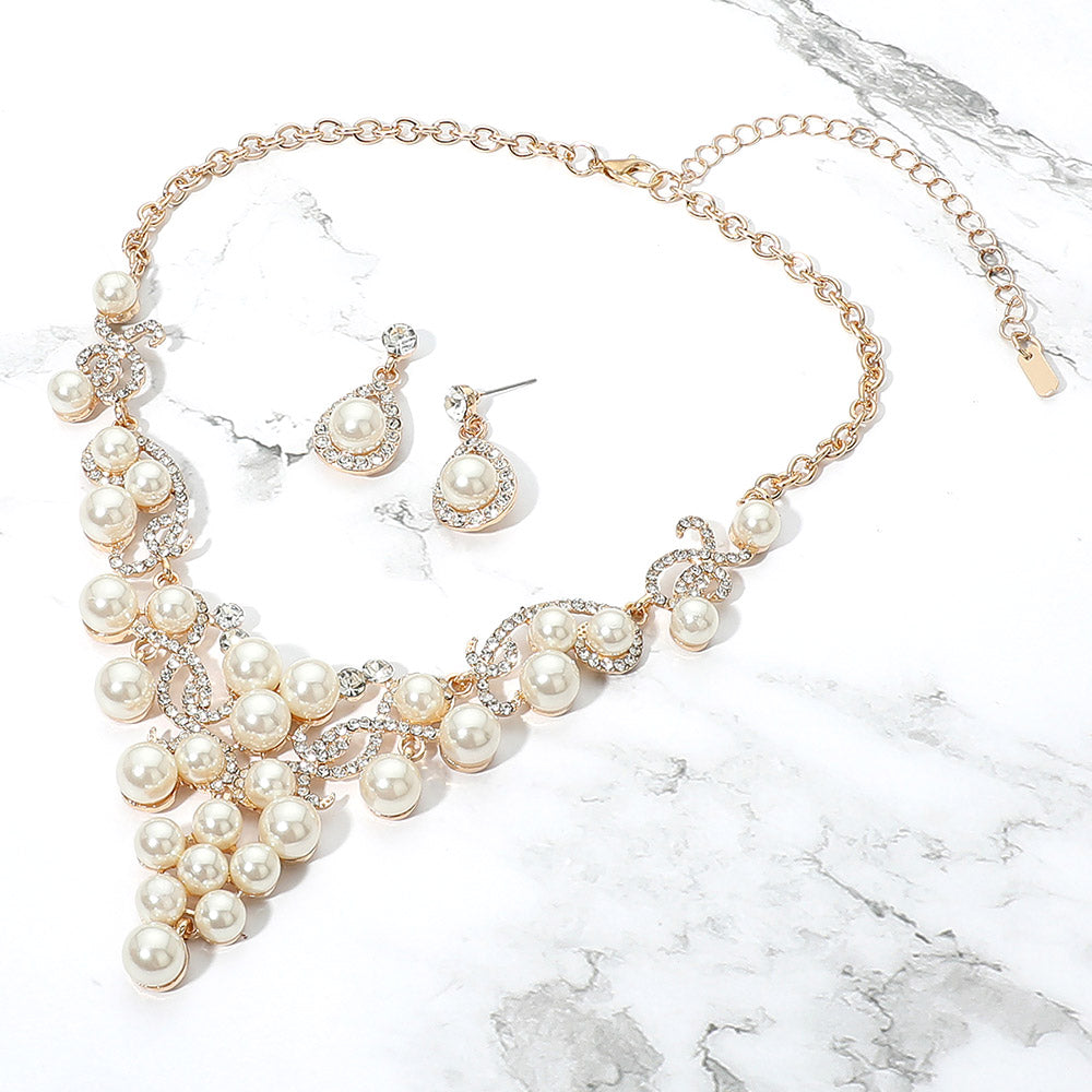 Madeline Love Cream, Gold Pearl Cluster Drop Statement Evening Necklace