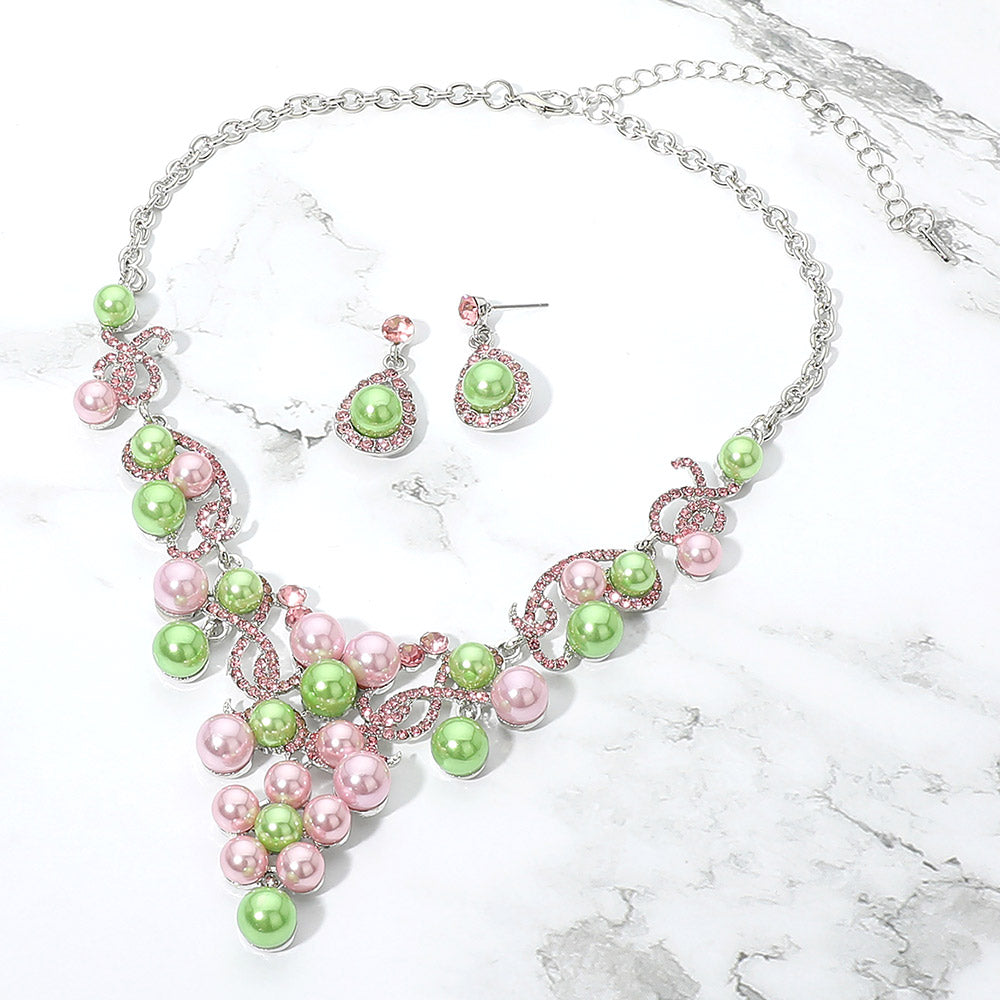 Madeline Love Pink&Green, Silver Pearl Cluster Drop Statement Evening Necklace