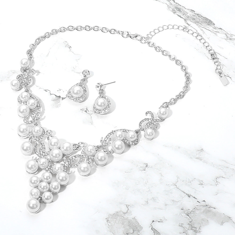 Madeline Love Silver, White Pearl Cluster Drop Statement Evening Necklace