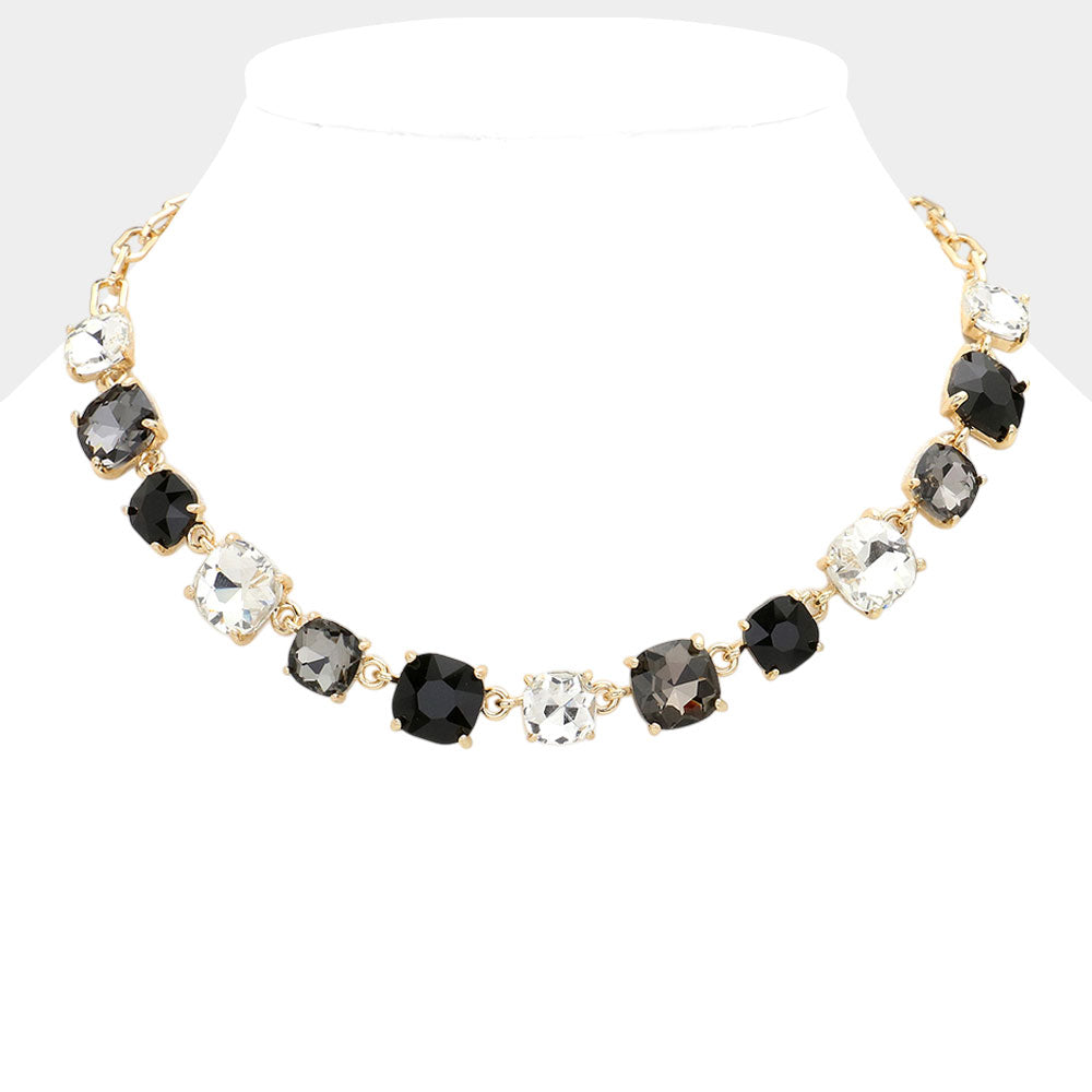 Madeline Love Black, Multi Cushion Square Stone Link Evening Necklace