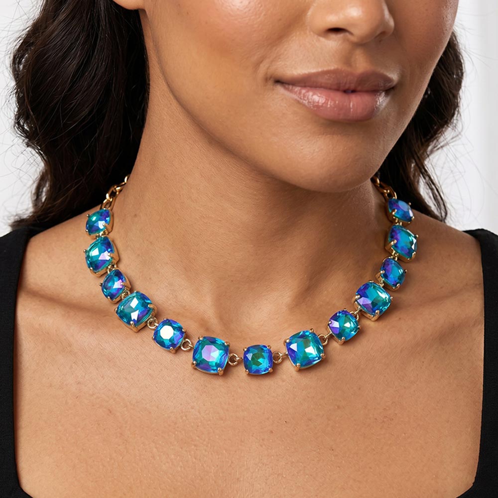 Madeline Love AB, Blue Cushion Square Stone Link Evening Necklace