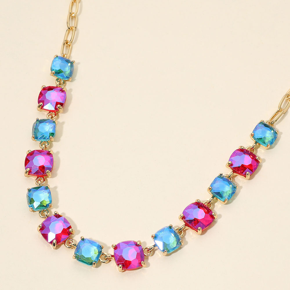 Madeline Love Blue, Fuchsia Cushion Square Stone Link Evening Necklace