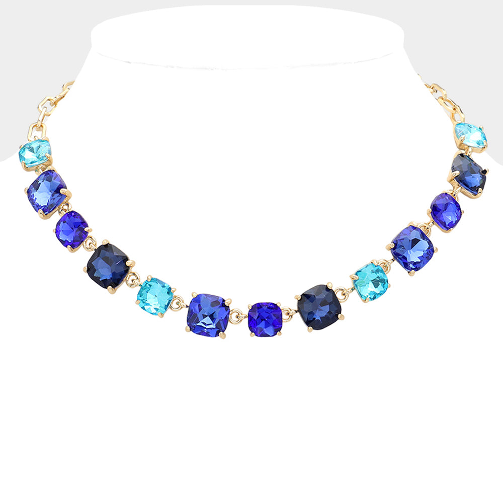 Madeline Love Blue, Multi Cushion Square Stone Link Evening Necklace