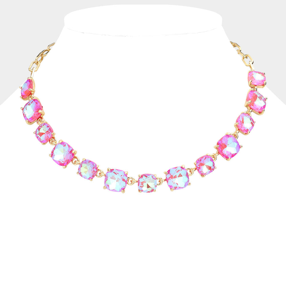 Madeline Love AB, Coral Cushion Square Stone Link Evening Necklace