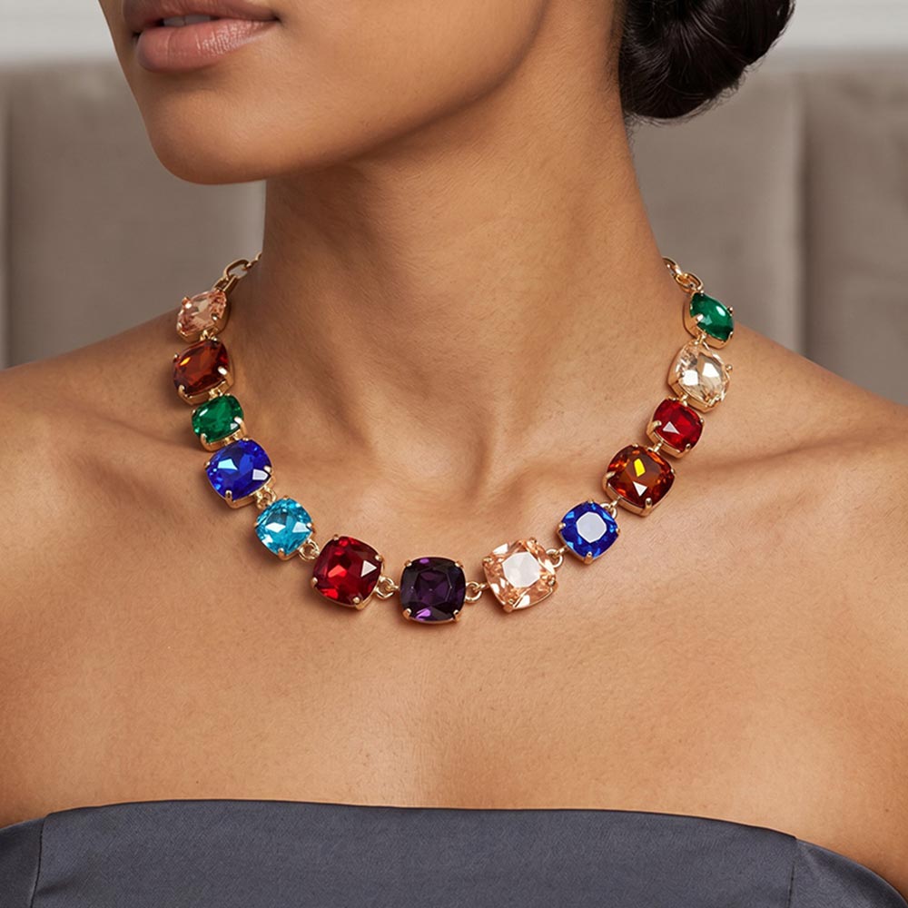 Madeline Love Dark, Multi Cushion Square Stone Link Evening Necklace