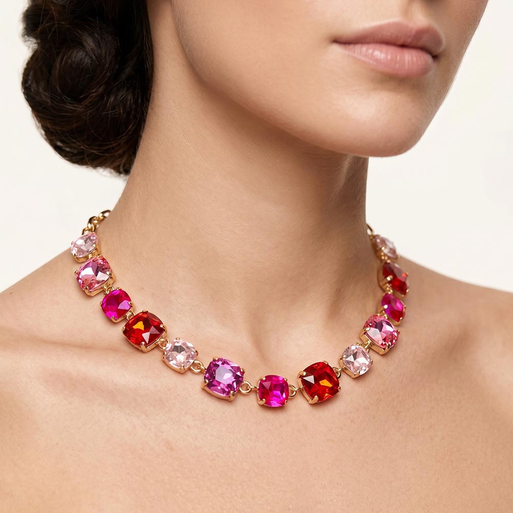 Madeline Love Fuchsia, Multi Cushion Square Stone Link Evening Necklace