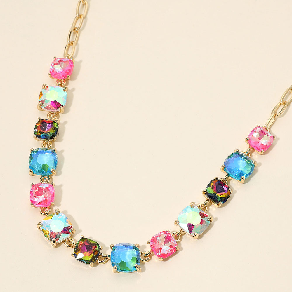 Madeline Love Gold, Multi, Vitrail Medium Cushion Square Stone Link Evening Necklace