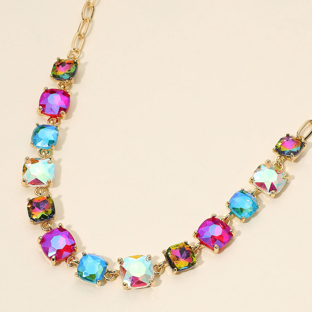 Madeline Love Gold, Multi, Purple Cushion Square Stone Link Evening Necklace