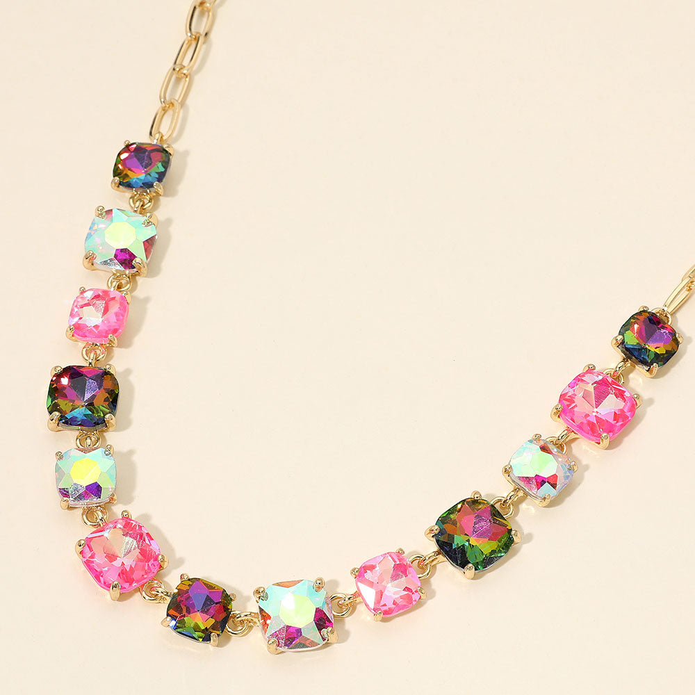 Madeline Love Fuchsia, Gold, Multi Cushion Square Stone Link Evening Necklace