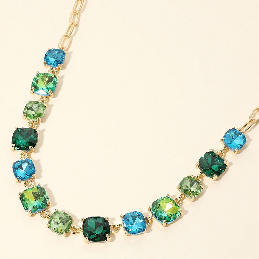 Madeline Love Green, Multi Cushion Square Stone Link Evening Necklace