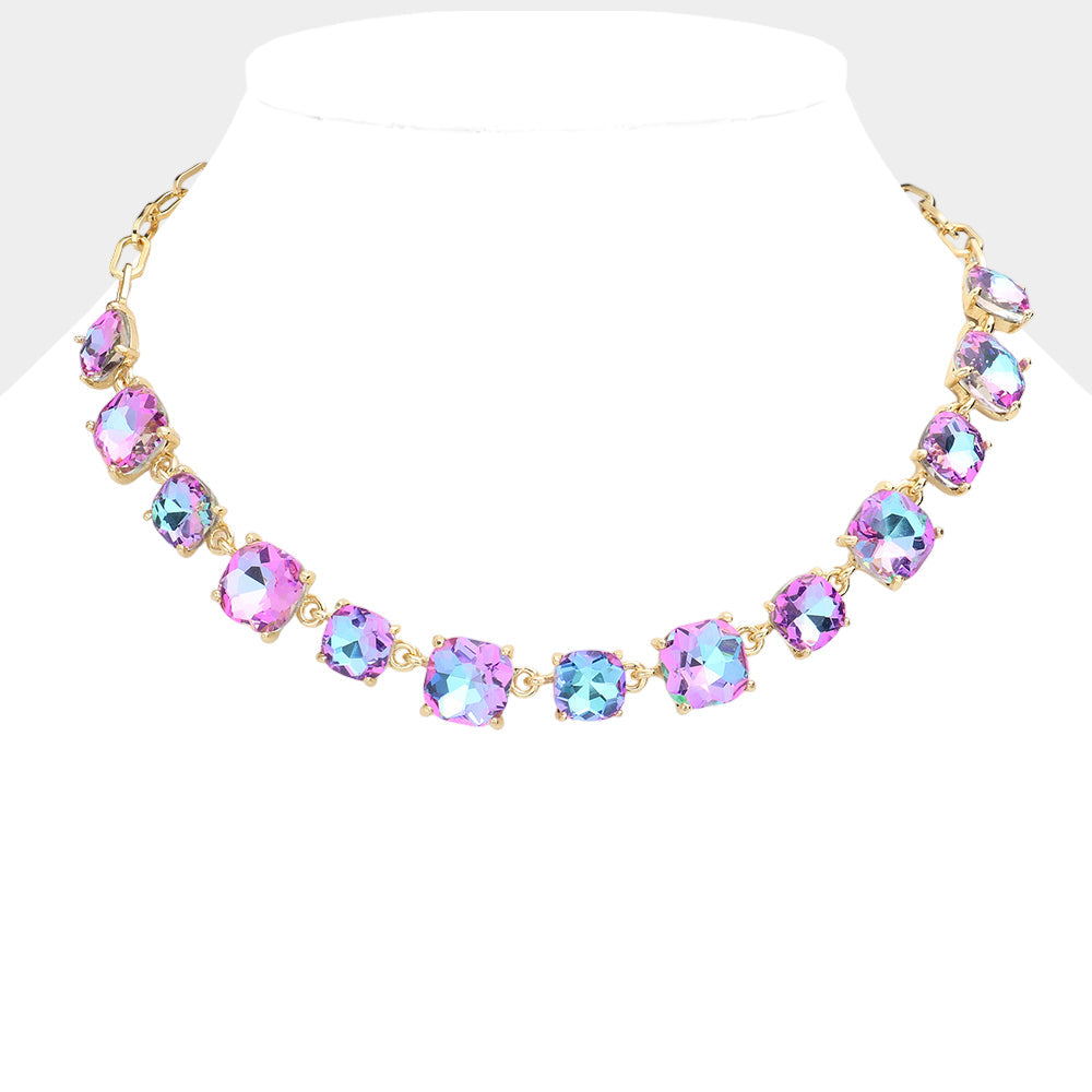 Madeline Love AB, Lavender Cushion Square Stone Link Evening Necklace