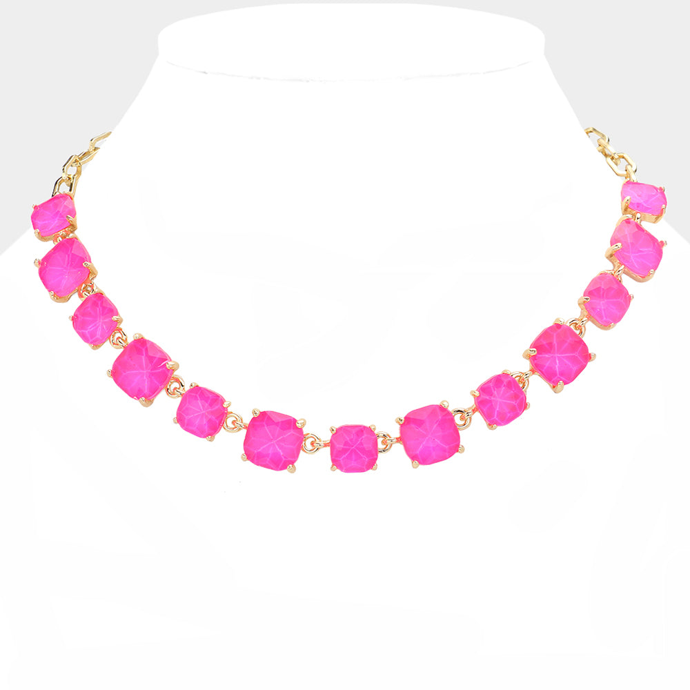 Madeline Love Fuchsia, Neon Cushion Square Stone Link Evening Necklace