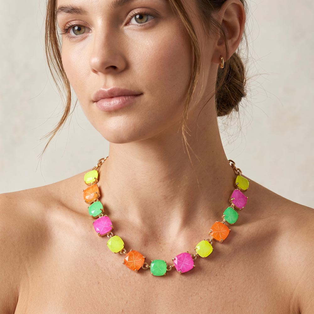Madeline Love Multi, Neon Cushion Square Stone Link Evening Necklace