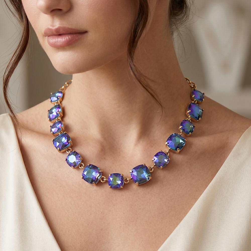Madeline Love AB, Royal Blue Cushion Square Stone Link Evening Necklace