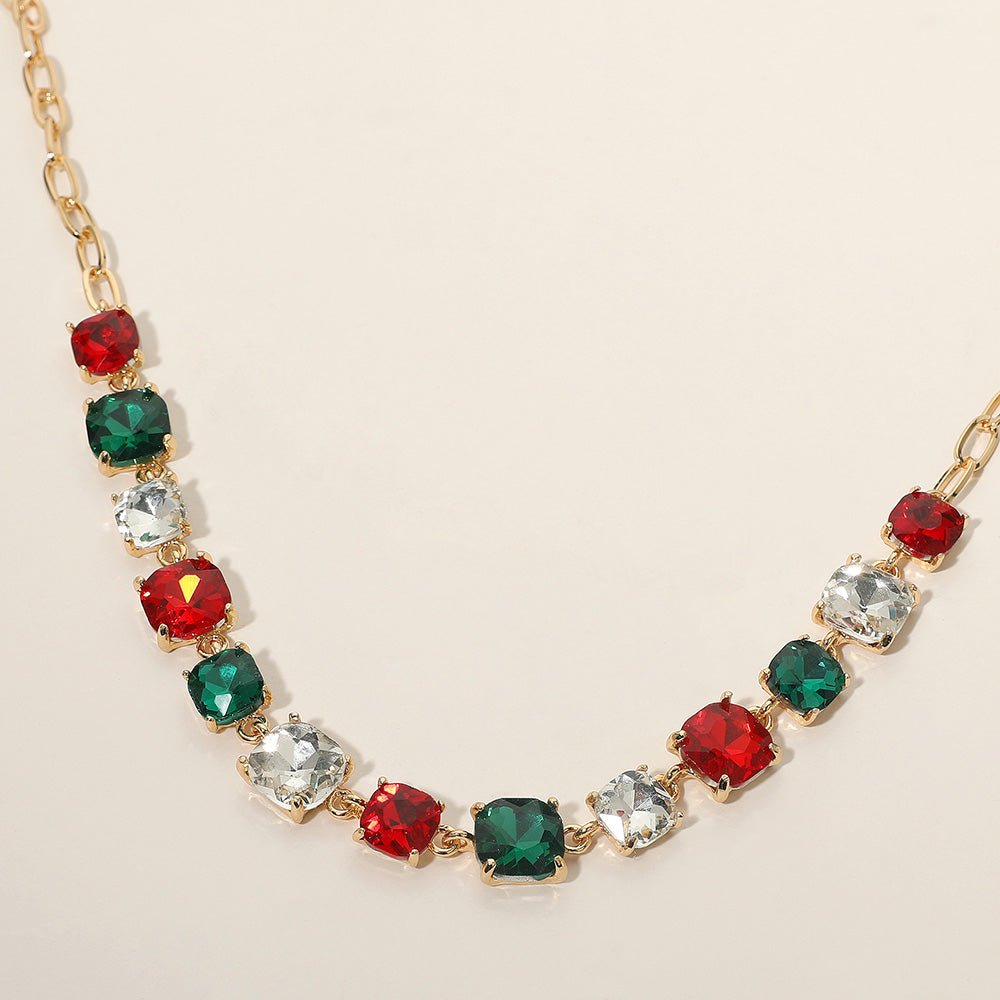 Madeline Love Green, Red Cushion Square Stone Link Evening Necklace