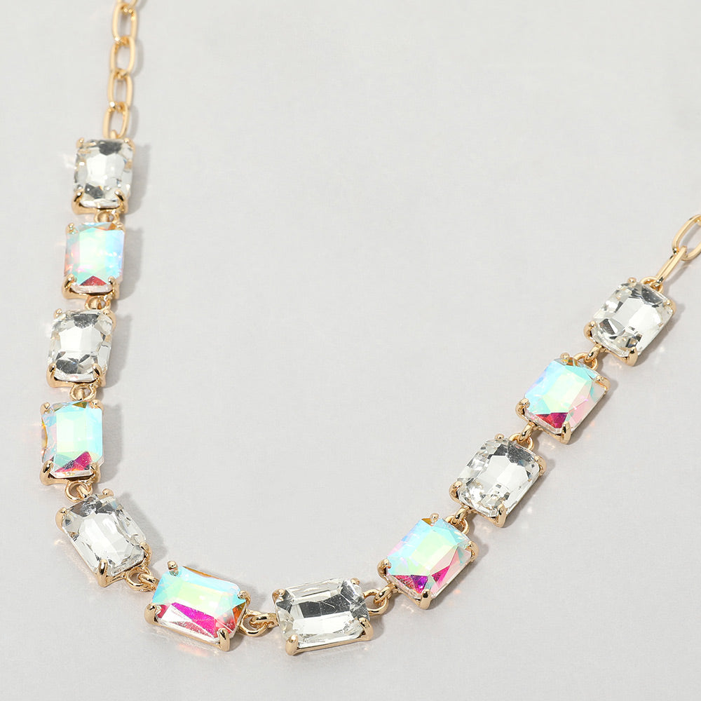 Madeline Love AB, Gold Cushion Rectangular Stone Cluster Link Evening Necklace