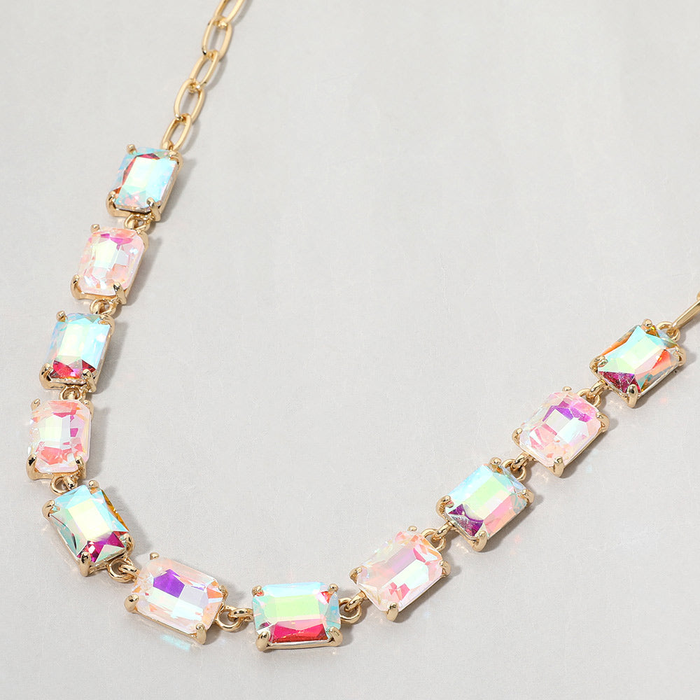 Madeline Love AB, Gold, White Cushion Rectangular Stone Cluster Link Evening Necklace