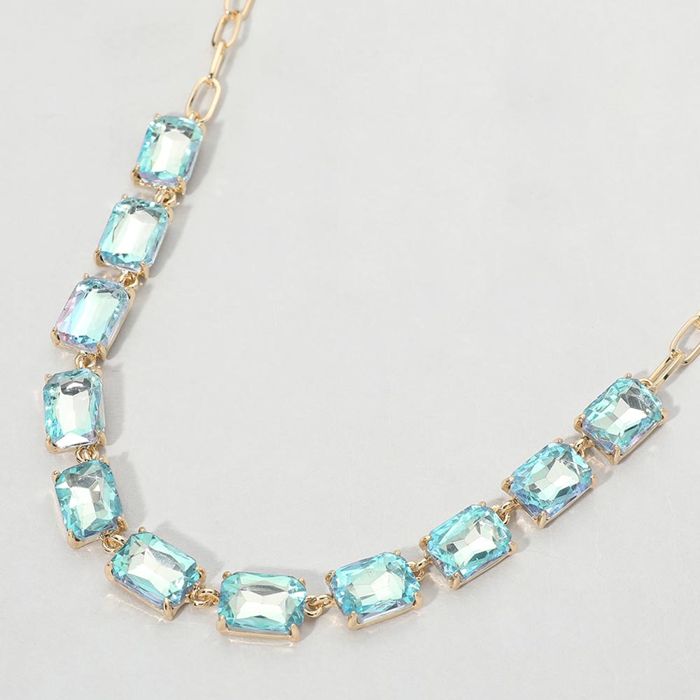 Madeline Love AB, Aqua Cushion Rectangular Stone Cluster Link Evening Necklace
