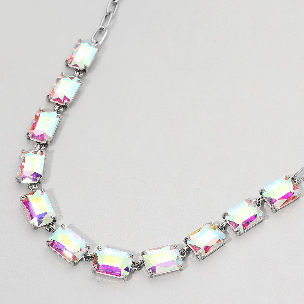 AB, Antique Silver, Cushion Rectangular Stone Cluster Link Evening Necklace