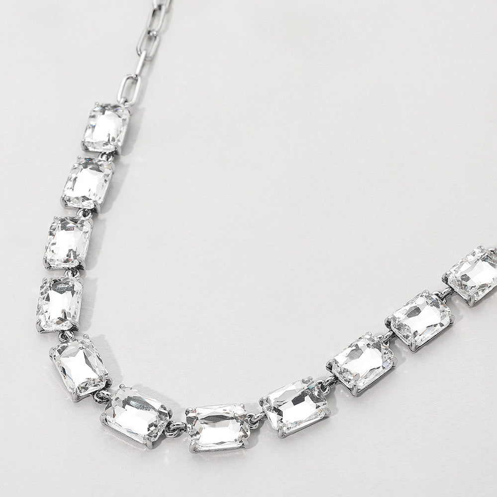 Madeline Love Antique Silver, Clear Cushion Rectangular Stone Cluster Link Evening Necklace
