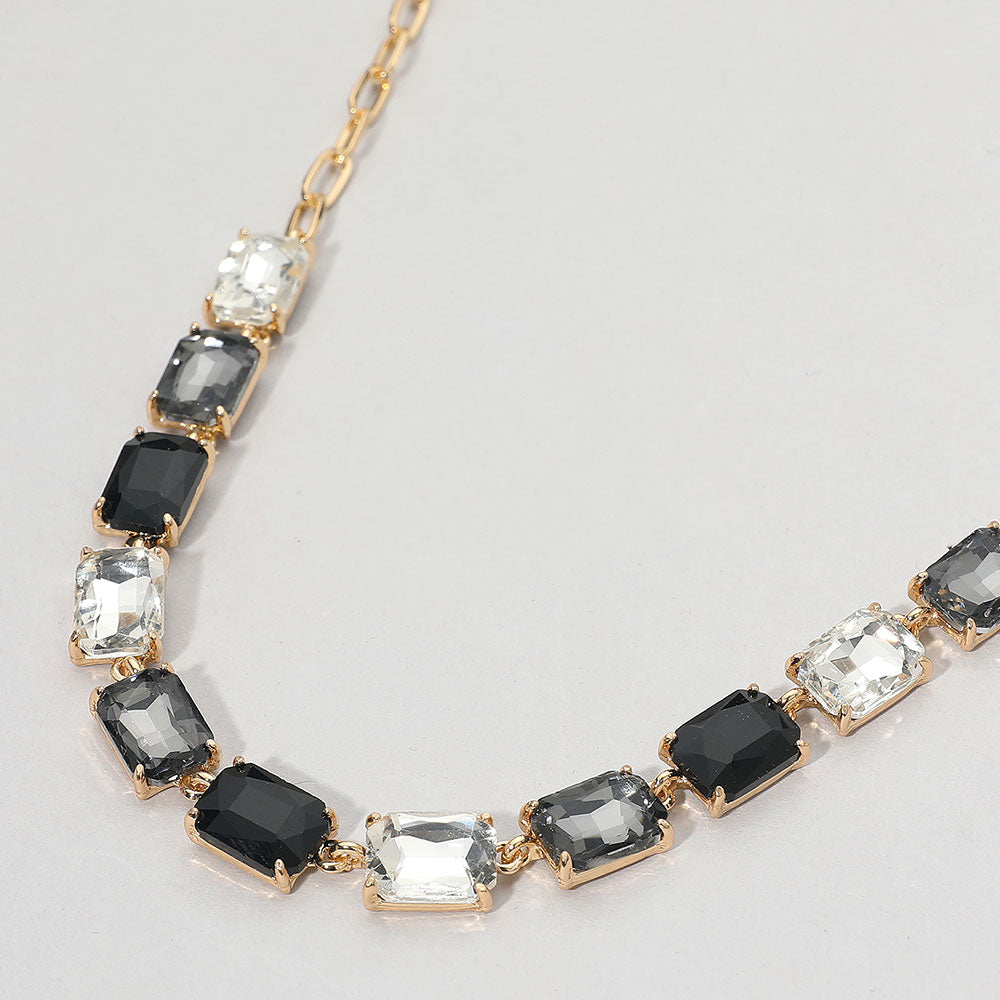Black, Multi Cushion Rectangular Stone Cluster Link Evening Necklace
