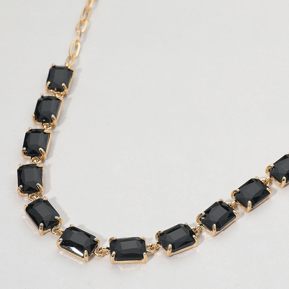 Black, Cushion Rectangular Stone Cluster Link Evening Necklace
