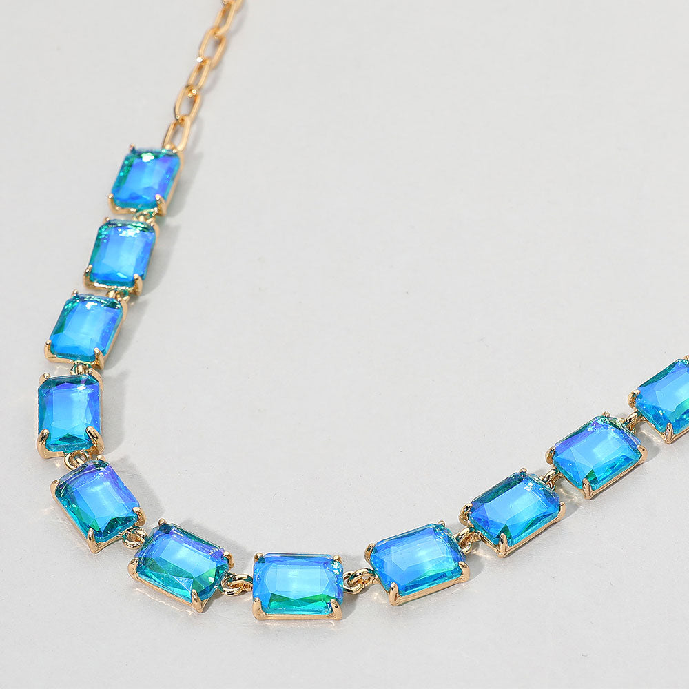 AB, Blue Cushion Rectangular Stone Cluster Link Evening Necklace
