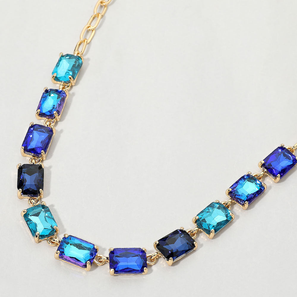 Madeline Love Blue, Multi Cushion Rectangular Stone Cluster Link Evening Necklace