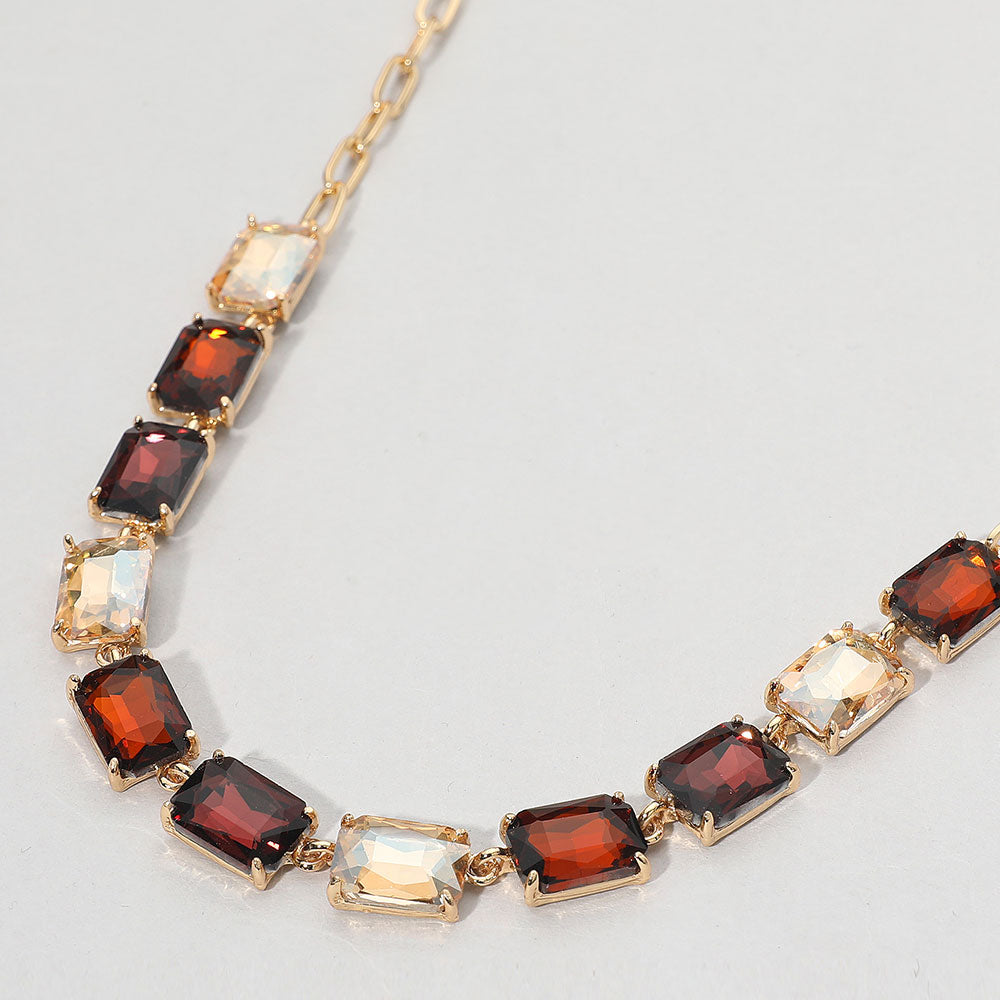 Brown, Multi Cushion Rectangular Stone Cluster Link Evening Necklace
