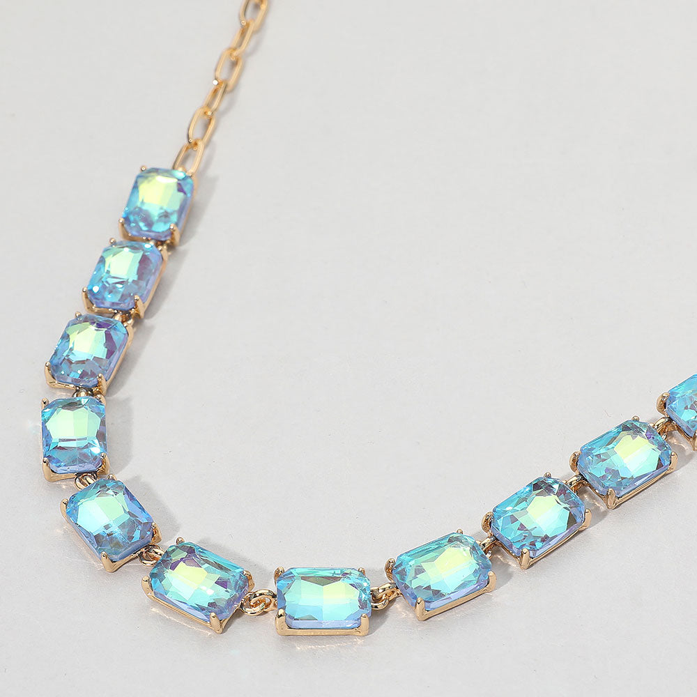 AB, Aqua, Blue Cushion Rectangular Stone Cluster Link Evening Necklace
