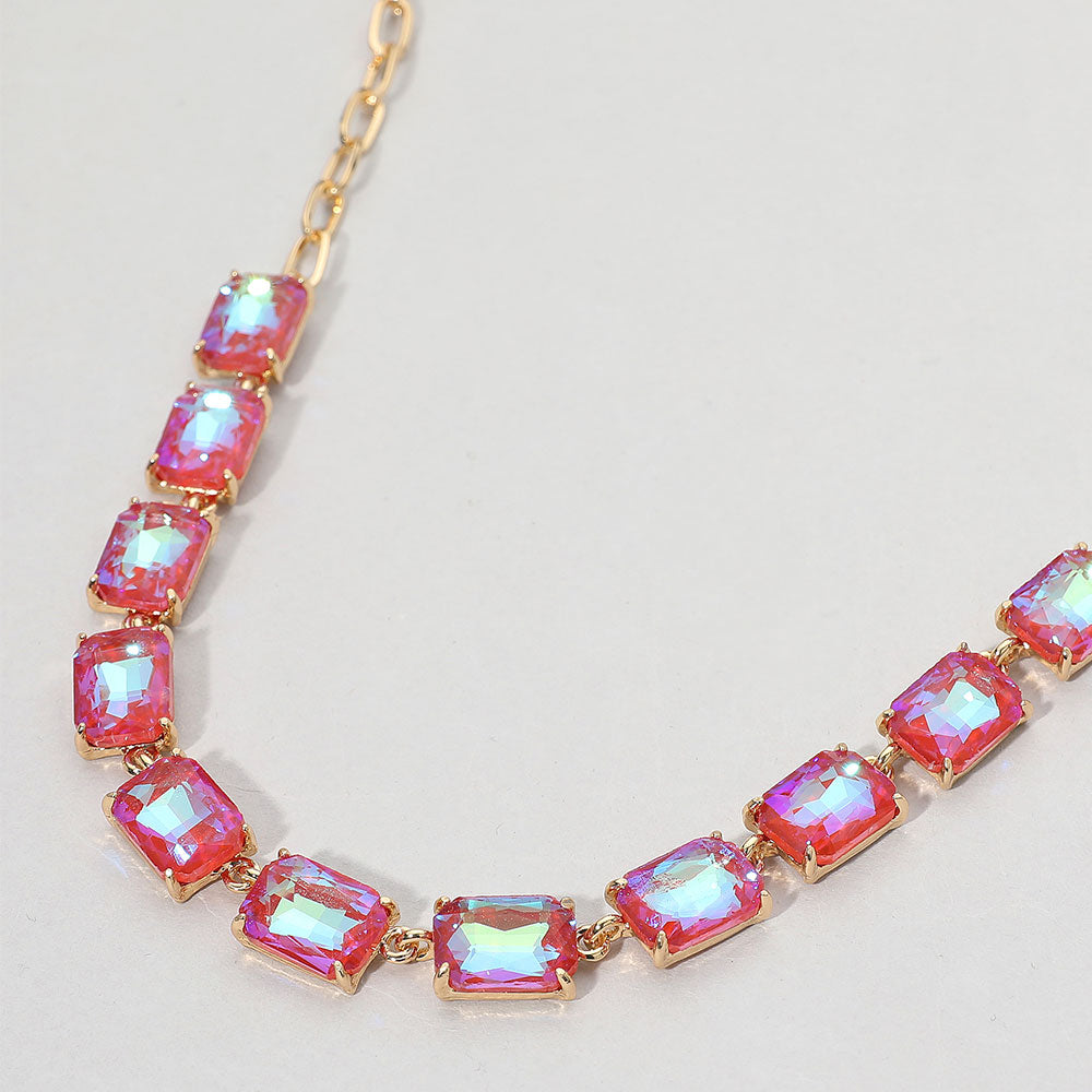 AB, Coral Cushion Rectangular Stone Cluster Link Evening Necklace