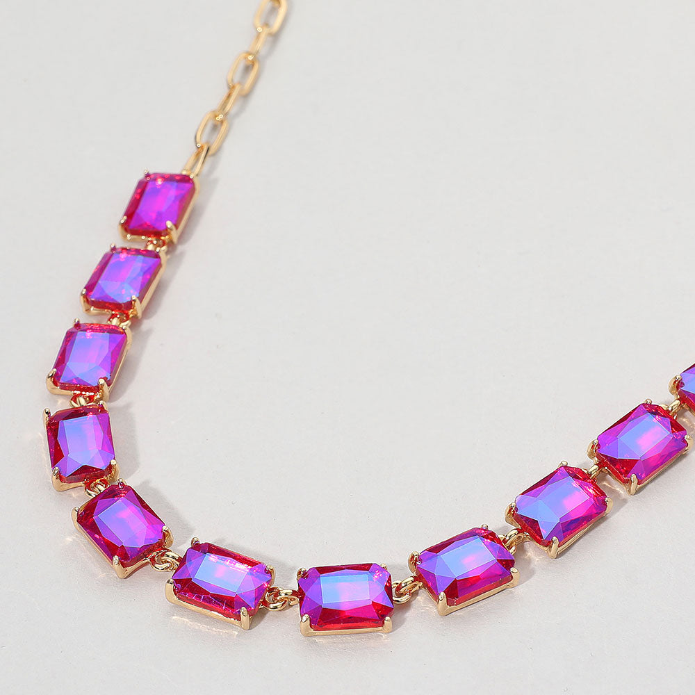 AB, Fuchsia Cushion Rectangular Stone Cluster Link Evening Necklace
