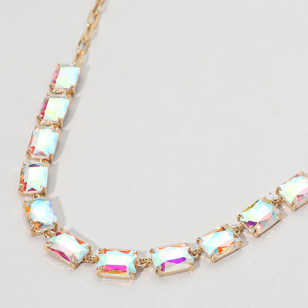 AB, Gold Cushion Rectangular Stone Cluster Link Evening Necklace
