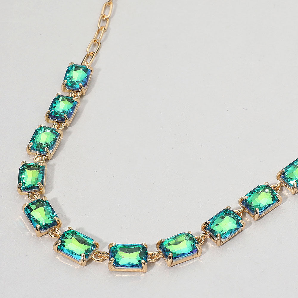 AB, Green Cushion Rectangular Stone Cluster Link Evening Necklace
