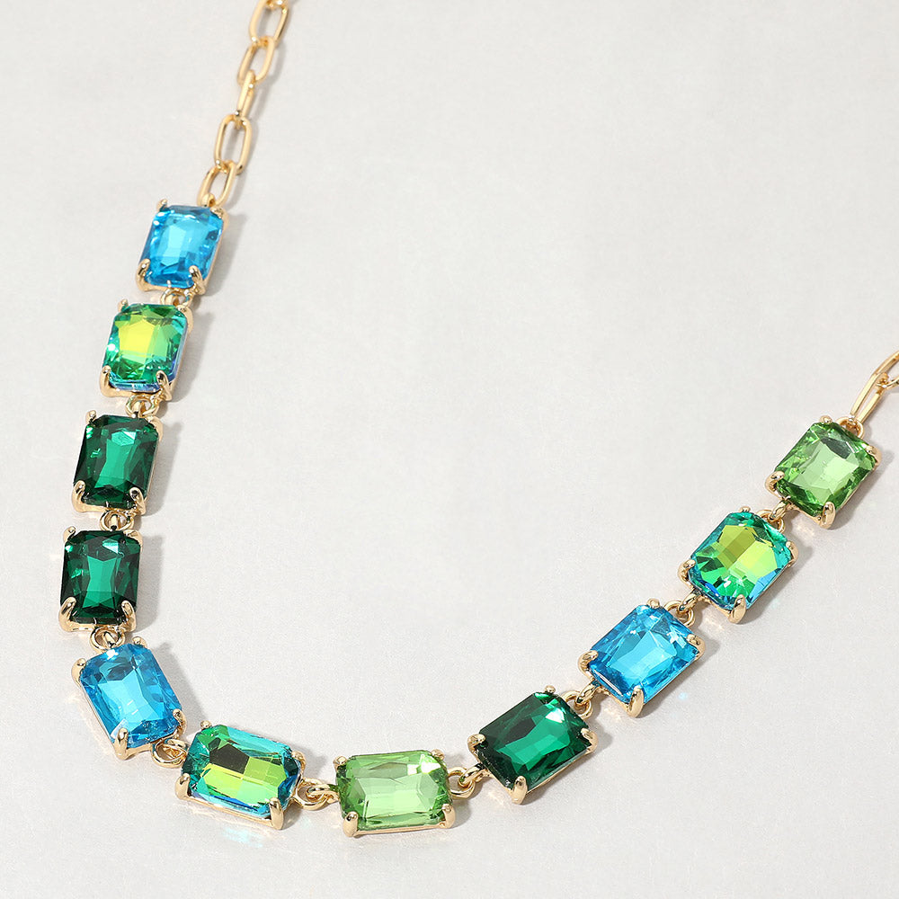 Madeline Love Green, Multi Cushion Rectangular Stone Cluster Link Evening Necklace
