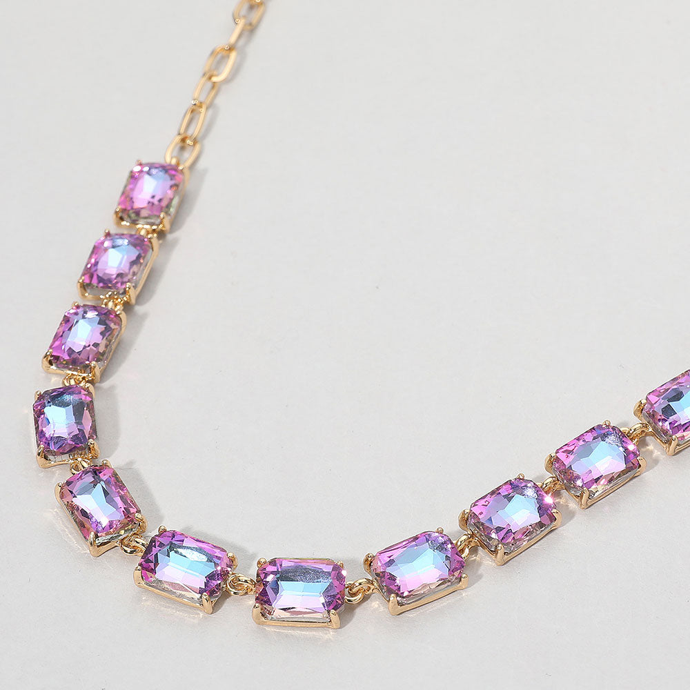 AB, Lavender Cushion Rectangular Stone Cluster Link Evening Necklace
